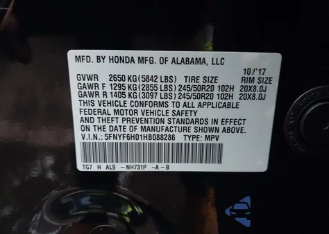 2017 Honda Pilot Elite из США, поврежденный, VIN 5FNYF6H01HB088286